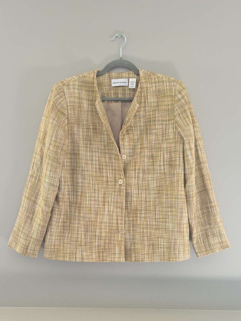 Alfred Dunner Beige Tweed Collarless Blazer